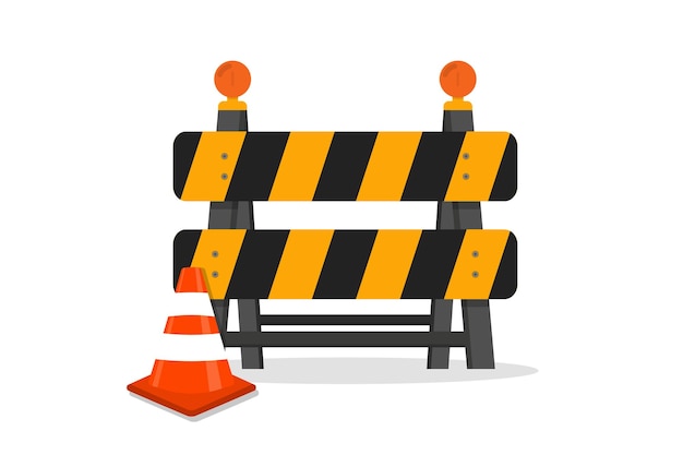 Traffic road barrier road closed warning barrier flat vector illustrations for website under construction page warning and stop signs roadwork traffic barricade and cone safety barricade