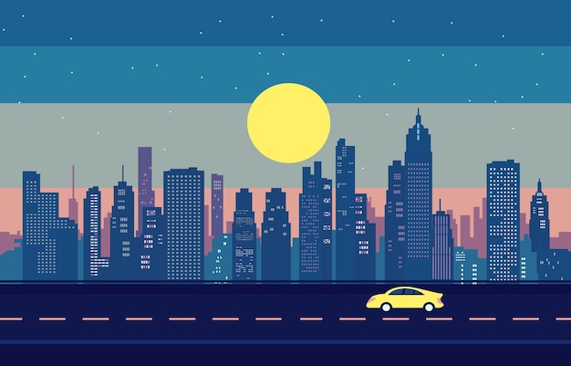 Traffic Road in City at Night with Skyscrapers Building Flat Design Illustration