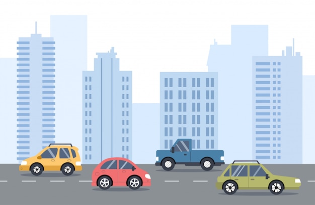 Движение на дороге. Городской транспорт. Улица с автомобилями, горизонт, офисные здания в. Плоская иллюстрация.