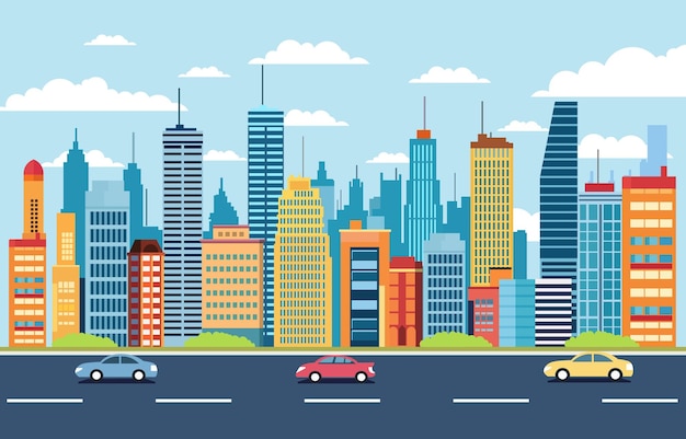 Vector traffic road in city with skyscrapers building flat design illustration