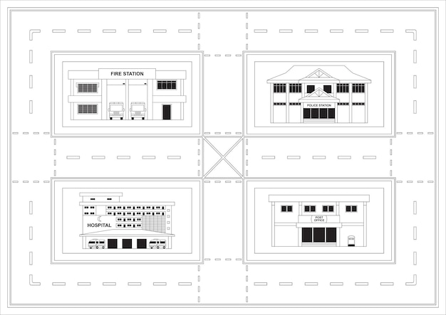 平らな建物の黒と白の輪郭の交通ロードマップ