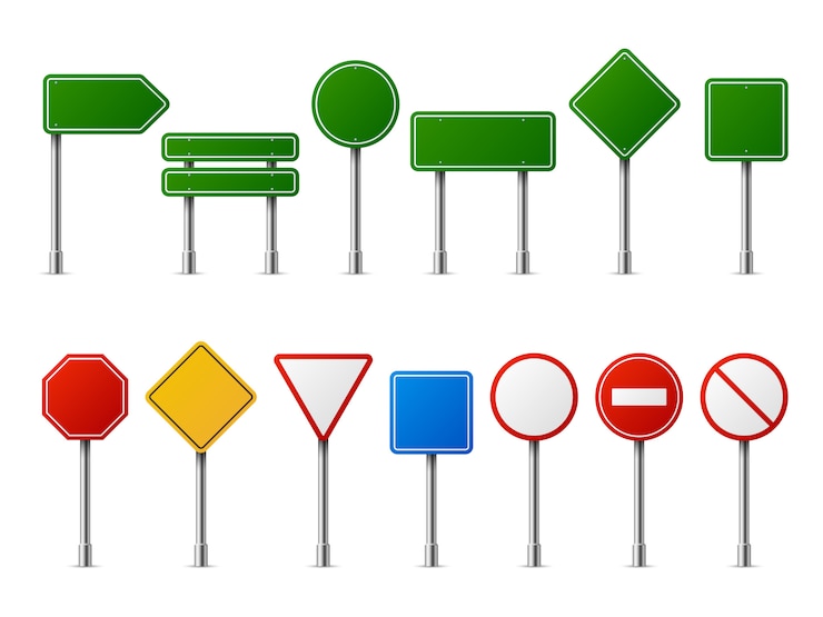 Vector traffic road realistic signs. signage signal warning sign stop danger caution speed highway empty parking street board