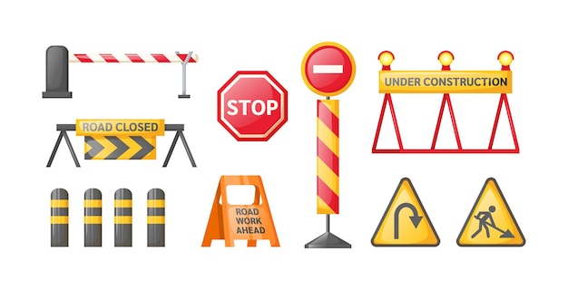 Traffic road repair barriers set safety barricade roadblocks warning alert signs