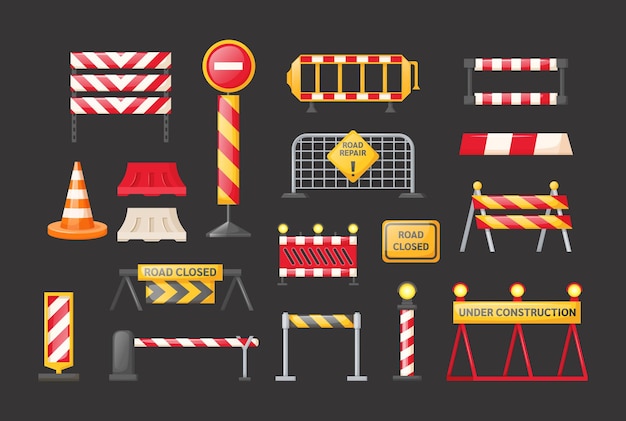 Traffic road repair barriers set safety barricade roadblocks warning alert signs