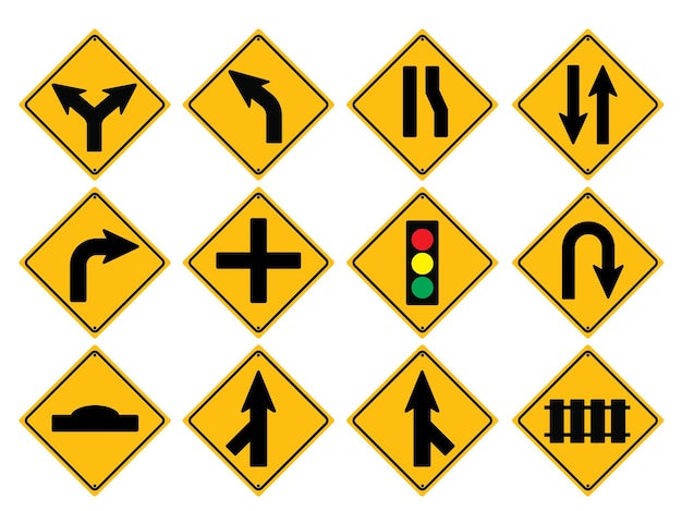 Traffic road sign collection street signage symbol car arrow design direction safety sign flat vector illustration