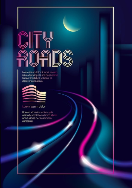 Vector traffic shiny lines of the night city road. effect vector beautiful background. blur colorful dark background with cityscape, buildings silhouettes skyline. brochure, flyer, cover, poster or guidebook