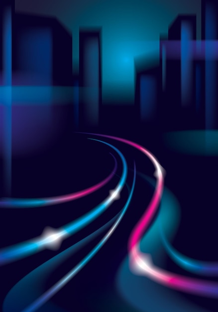 Vector traffic shiny trails of the night city road. effect vector beautiful background. blur colorful dark background with cityscape, buildings silhouettes skyline.