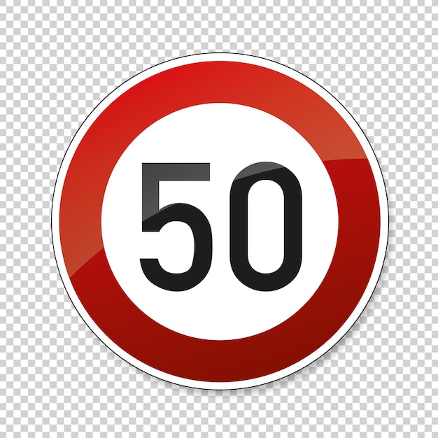 Traffic sign speed limit fifty German traffic sign restricting speed to 50 kilometers per hour on checked transparent background Vector illustration Eps 10 vector file