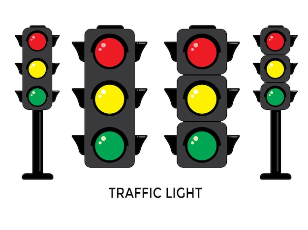 Vector traffic signals with red light above green and yellow in between isolated vector illustration on white