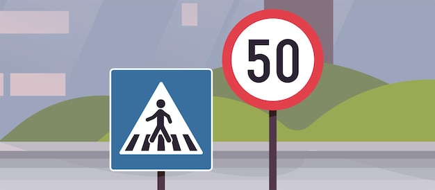 Vettore segnali stradali su strada di città e trasporto semplice concetto piatto illustrazione vettoriale