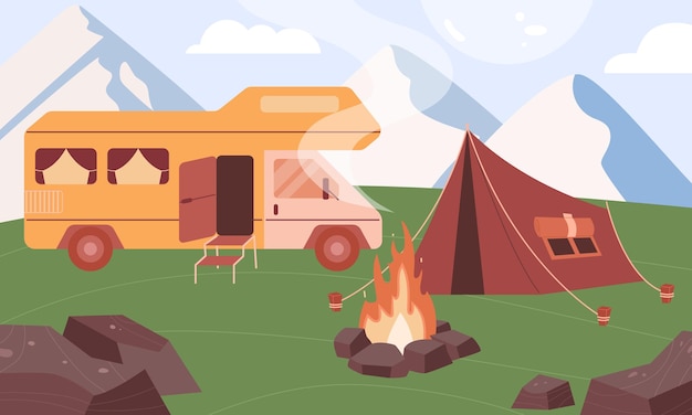 Trailer and tent against the background of mountains