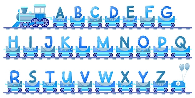 Train alphabet for kid in cartoon style. Capital letters only. Vector ABC letters for children educaion in school, preschool and kindergarten.
