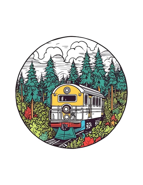 Vettore treno di fronte a un'illustrazione disegnata a mano della foresta disegno dell'illustrazione disegnata a mano del treno tshir desig