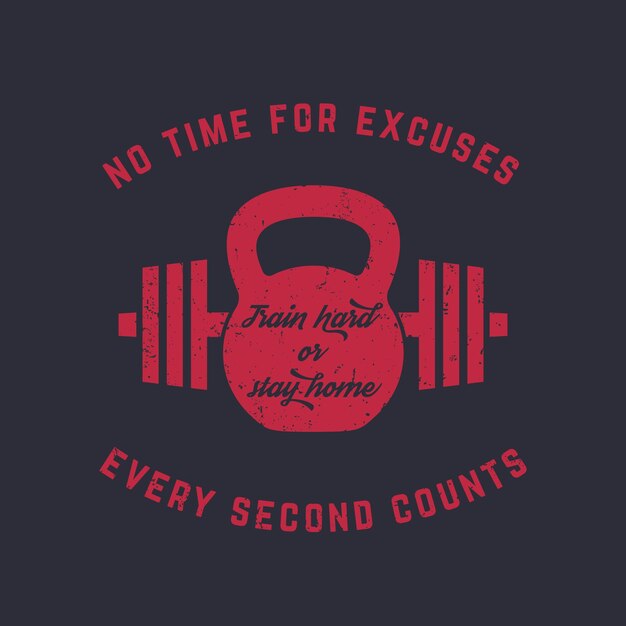 Train hard, vintage gym t-shirt design, print, kettlebell and barbell, red on dark, vector illustration