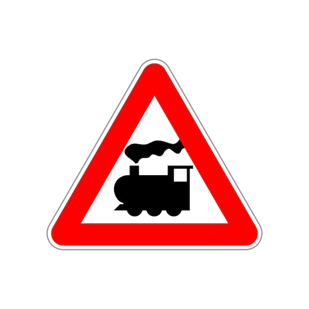 Значок поезд на треугольник красный и белый дорожный знак на белом