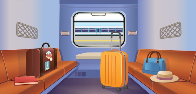 Vector train interior inside view with luggage and the train station in the window train travel