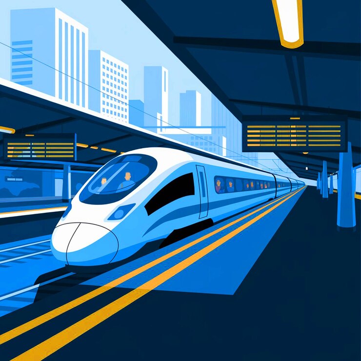 Vector a train is going down the tracks in a city