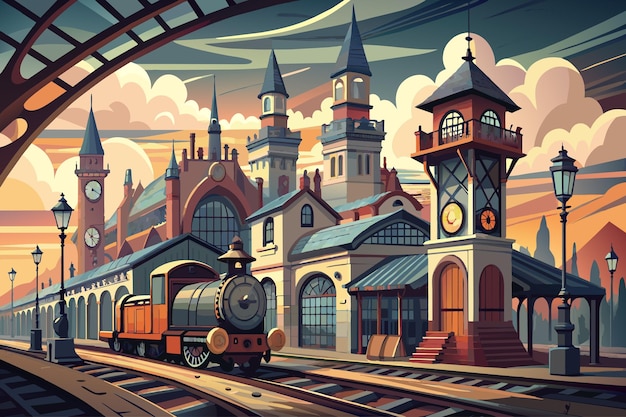 A train is sitting on the tracks next to a large building with a clock tower