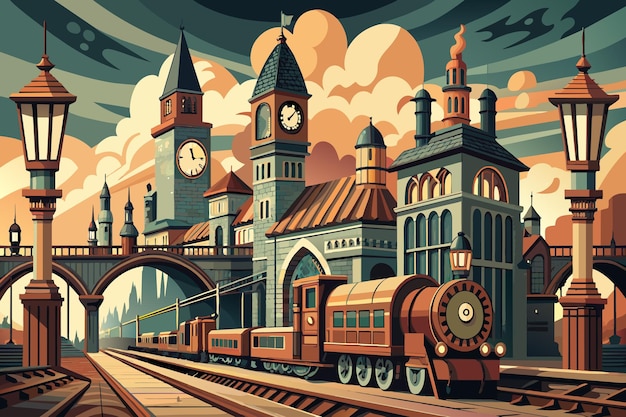 A train is traveling down a track in front of a city with a clock tower