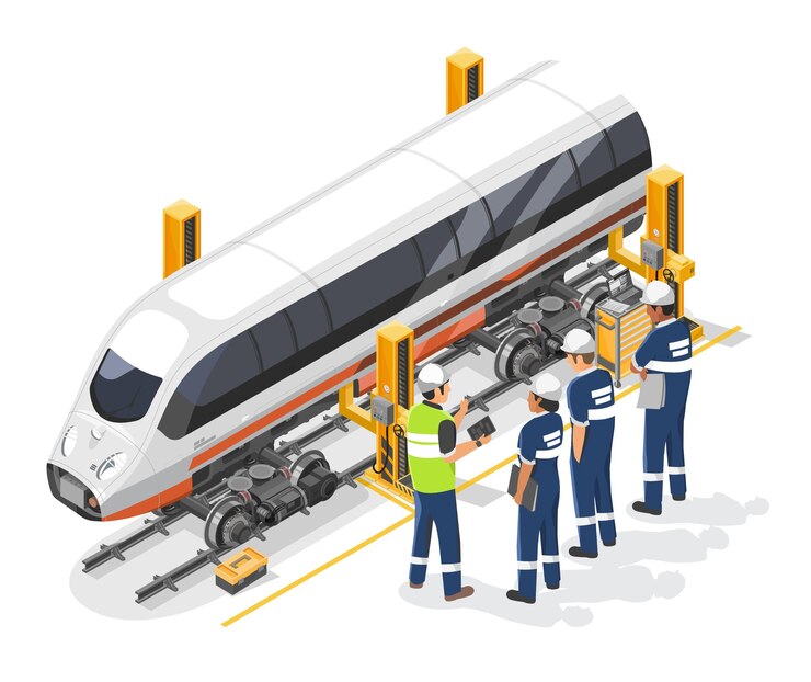 Vector train maintenance service training career concept engineer and mechanic work together in garage