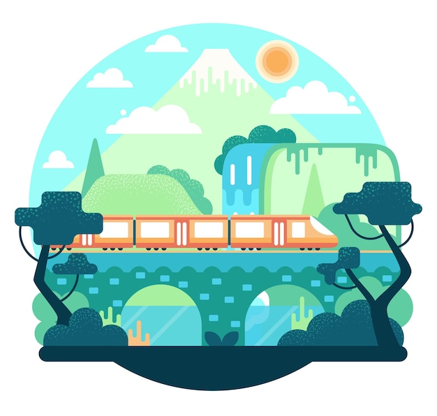 ベクトル 山の滝と木々の間の橋で電車