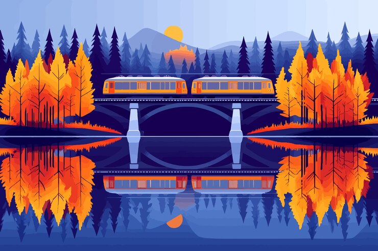 Vector a train passing over a bridge with the reflection of trees in the water
