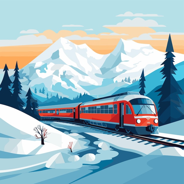 Illustrazione di un treno che attraversa una montagna innevata