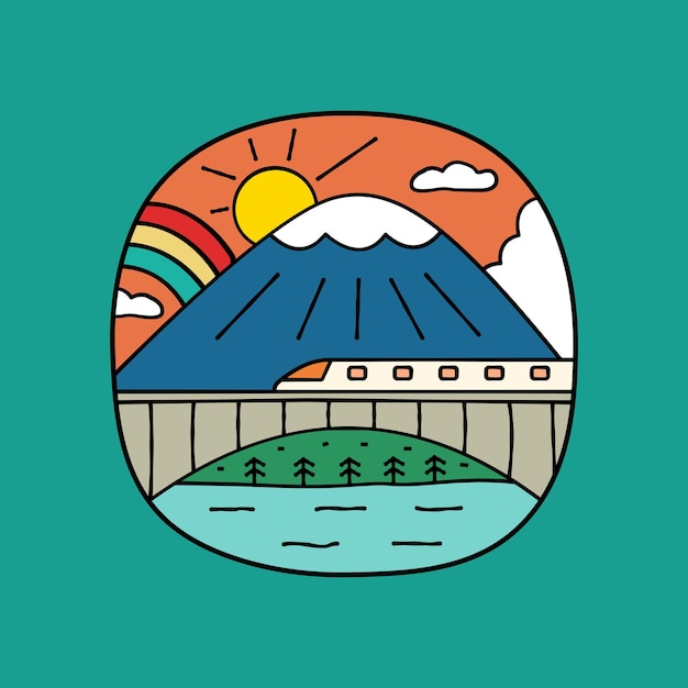 Vettore treno in ferrovia croce lago e montagna con bella alba e arcobaleno per tshirt sticker ecc