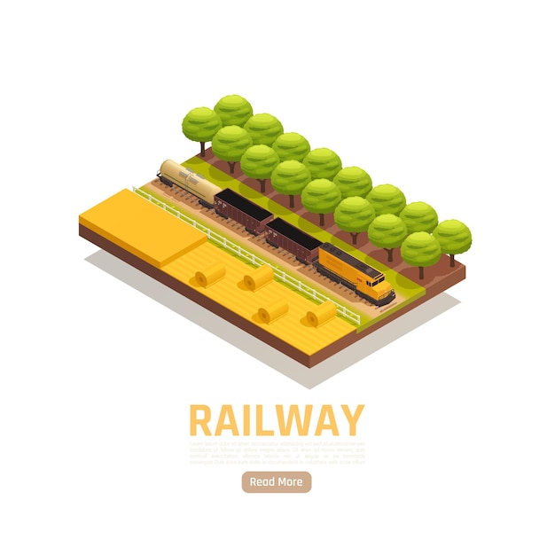 Illustrazione isometrica della stazione ferroviaria del treno con scenario di campo e treno merci con testo e pulsante cliccabile