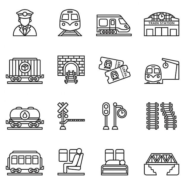 Vector train and railways icon set. thin line style stock vector.