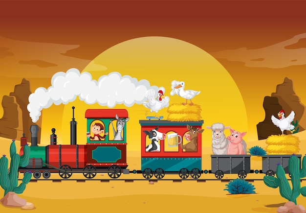 Vector train riding with many animals