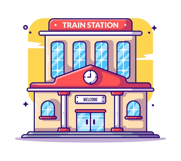 Vector train station building   cartoon illustration