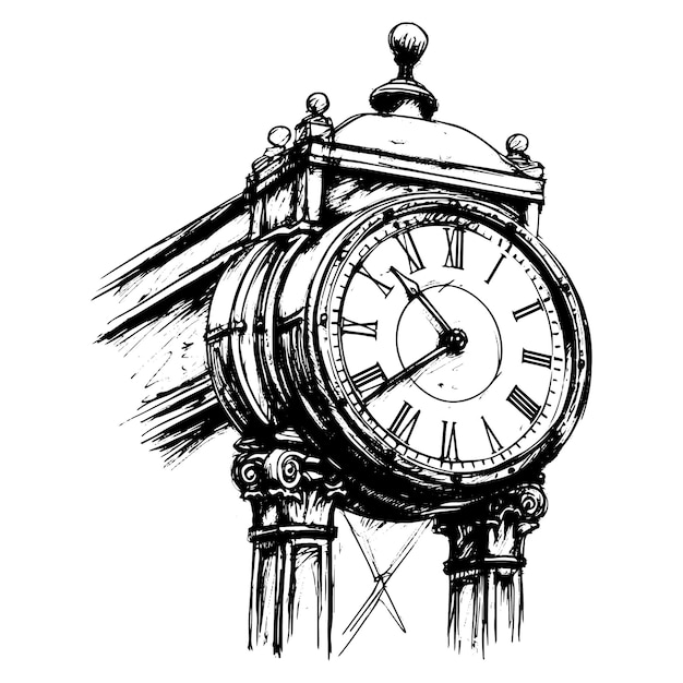 Vector train station clock sketch icon