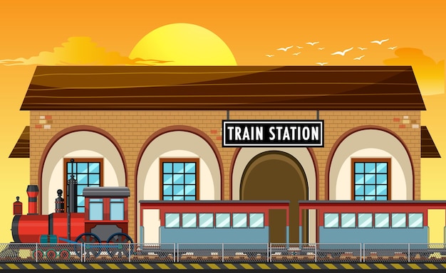 Vector train station scene with steam locomotive