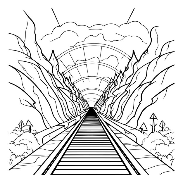 벡터 터널 의 열차 트랙 색채 책 을 위한 라인 아트 터 일러스트레이션