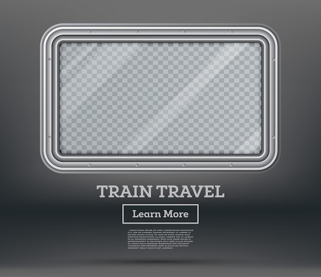 Train Travel Tourism Concept Leeg treinvenster op grijze achtergrond met geblokte plaats voor tekst
