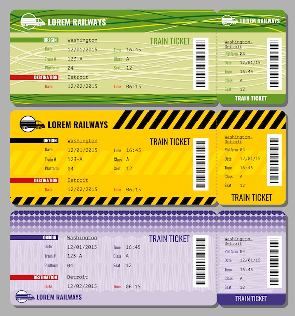 Vector train vintage travel tickets set