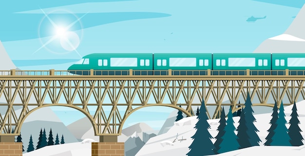 The train was running on a high bridge among the snowy mountains