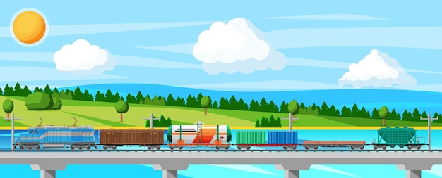 Вектор Поезд с грузовыми вагонами цистерны танки и автомобили железнодорожный грузовой сбор природный ландшафт с деревьями холмами лес и облака грузовые железнодорожные перевозки плоская векторная иллюстрация