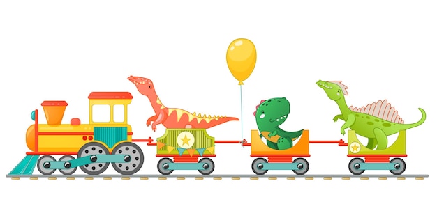 Train with cute little dinosaur in cartoon style. Vector colorful illustration for school, preschool kids design.