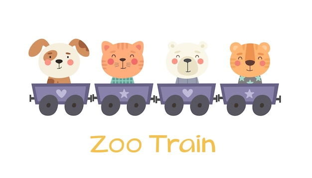 Treno con animali divertenti treno zoo caratteri vettoriali divertenti lettering