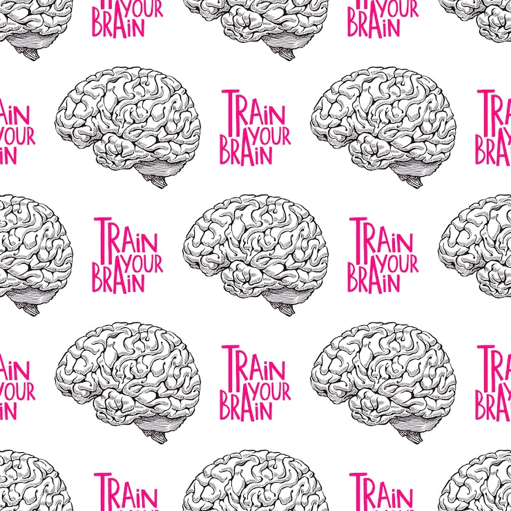 Vector train your brain. beautiful seamless pattern of realistic brain and text on a black background. hand-drawn illustration