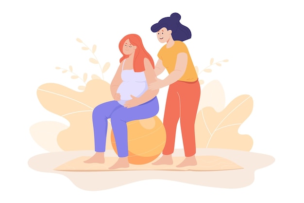 Trainer helping pregnant woman sitting on ball