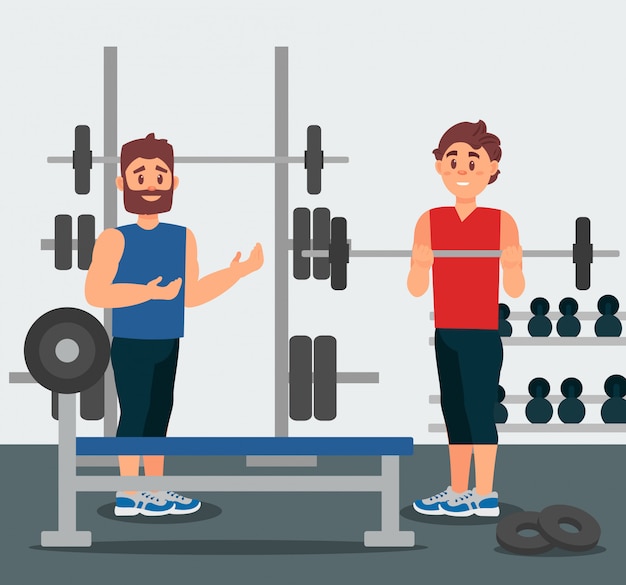 Trainer holds training session with young man. guy doing exercise with barbell. gym equipment on background. flat design