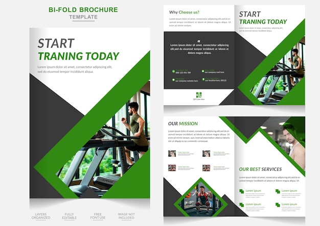 Vector training bifold brochure ontwerpsjabloon en moderne mode gym center bifold brochureontwerp