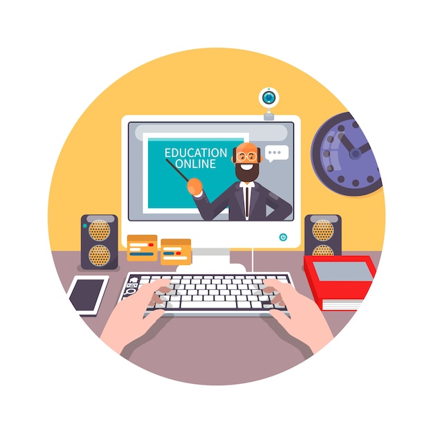 Training, education, online tutorial, e-learning concept. Flat vector illustration