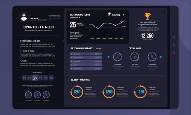 Vector training fitness program on dashboard panel interface with dark mode concept