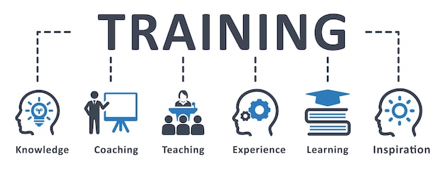 Progettazione infografica del modello di formazione con il concetto di affari dell'illustrazione di vettore delle icone