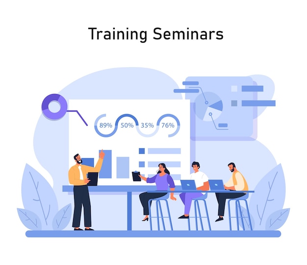 Vector training seminars concept engaged instructor presents data insights as attentive employees learn