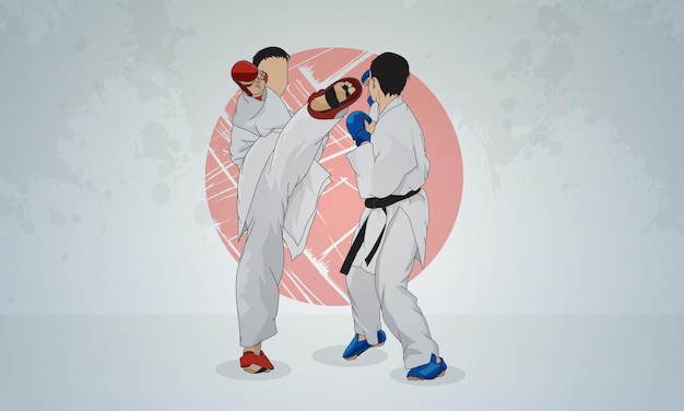 カラテの武術の2人の戦士の訓練 抽象的な灰色の背景
